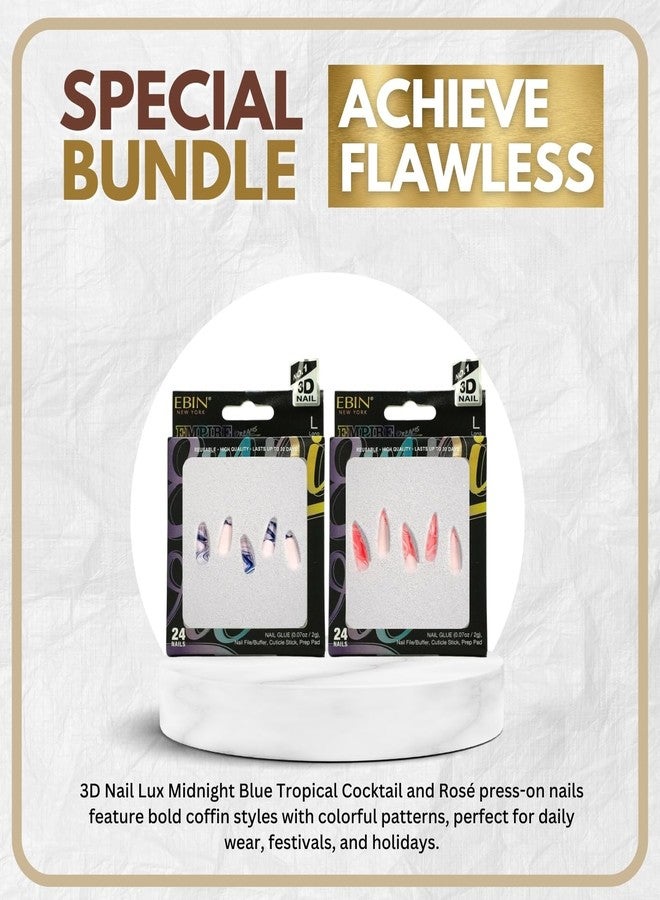 إيبن نيويورك مجموعة أظافر ثلاثية الأبعاد فاخرة - لون أزرق منتصف الليل، بتصميم كوكتيل استوائي، مع مجموعة أظافر ثلاثية الأبعاد فاخرة - لون وردي، بتصميم تابوت من إيبين نيويورك - أظافر طويلة وطويلة جدًا قابلة لإعادة الاستخدام - مجموعة هدايا (قطعتان) - Image 2